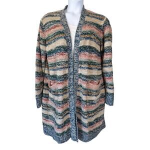 Natural Reflections Boyfriend Open Cardigan Sz 2XL Strips Pockets Chunky Long